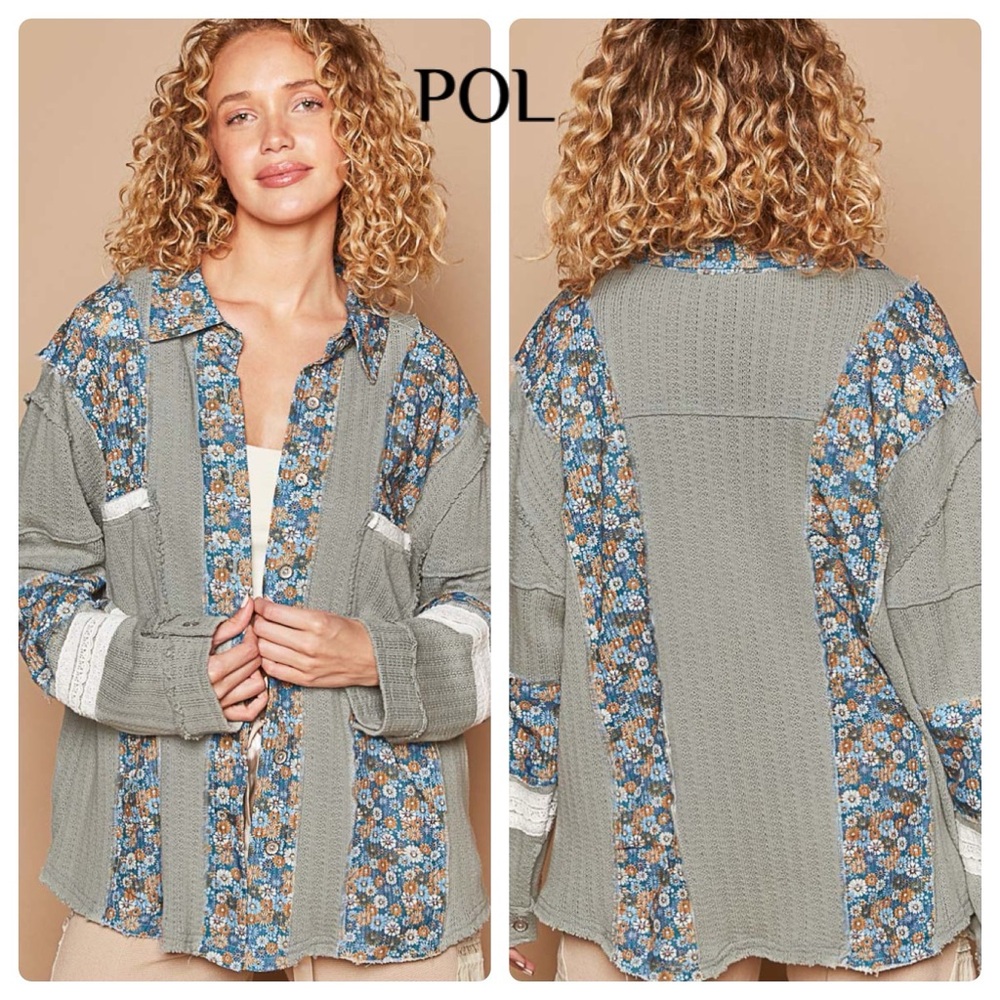 POL Mixed-Knit Button Front Top in Sage Green and Blue Floral